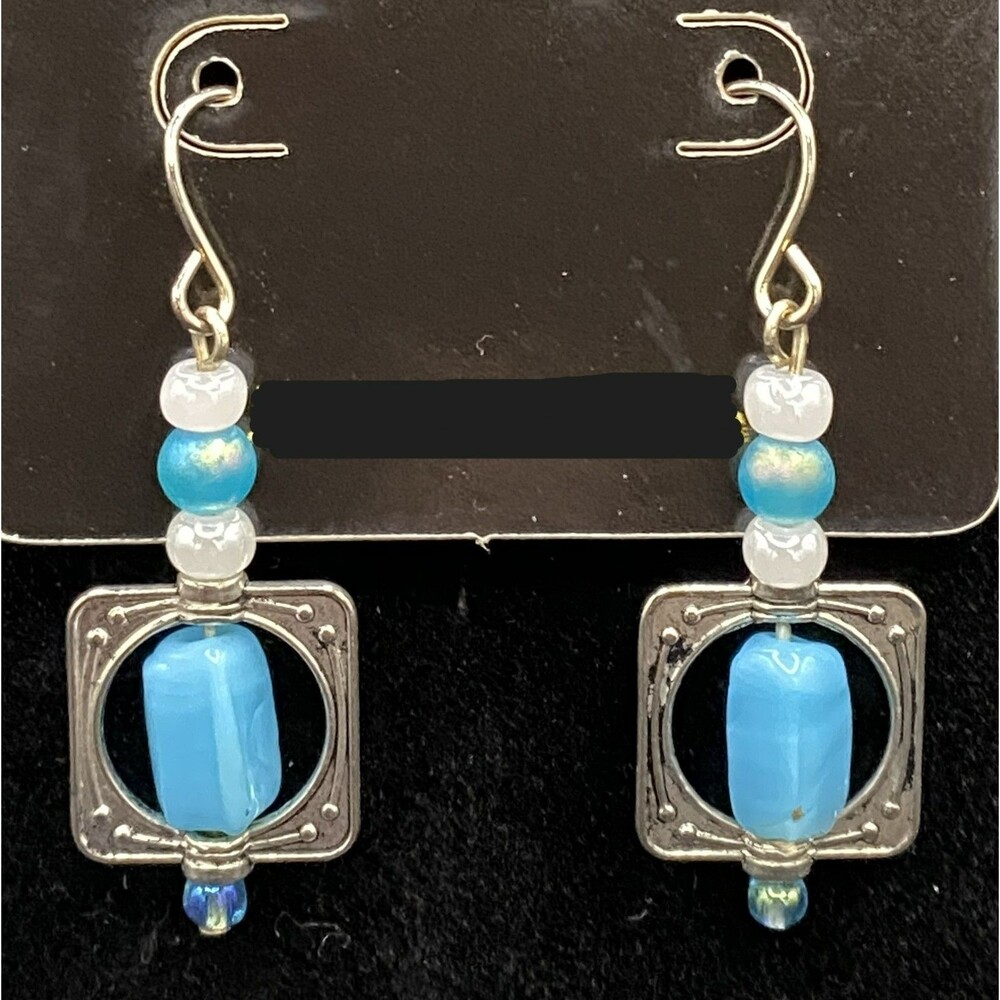 Handmade Square with Aqua & White Glass Bead Earrings by Neanie-Bot